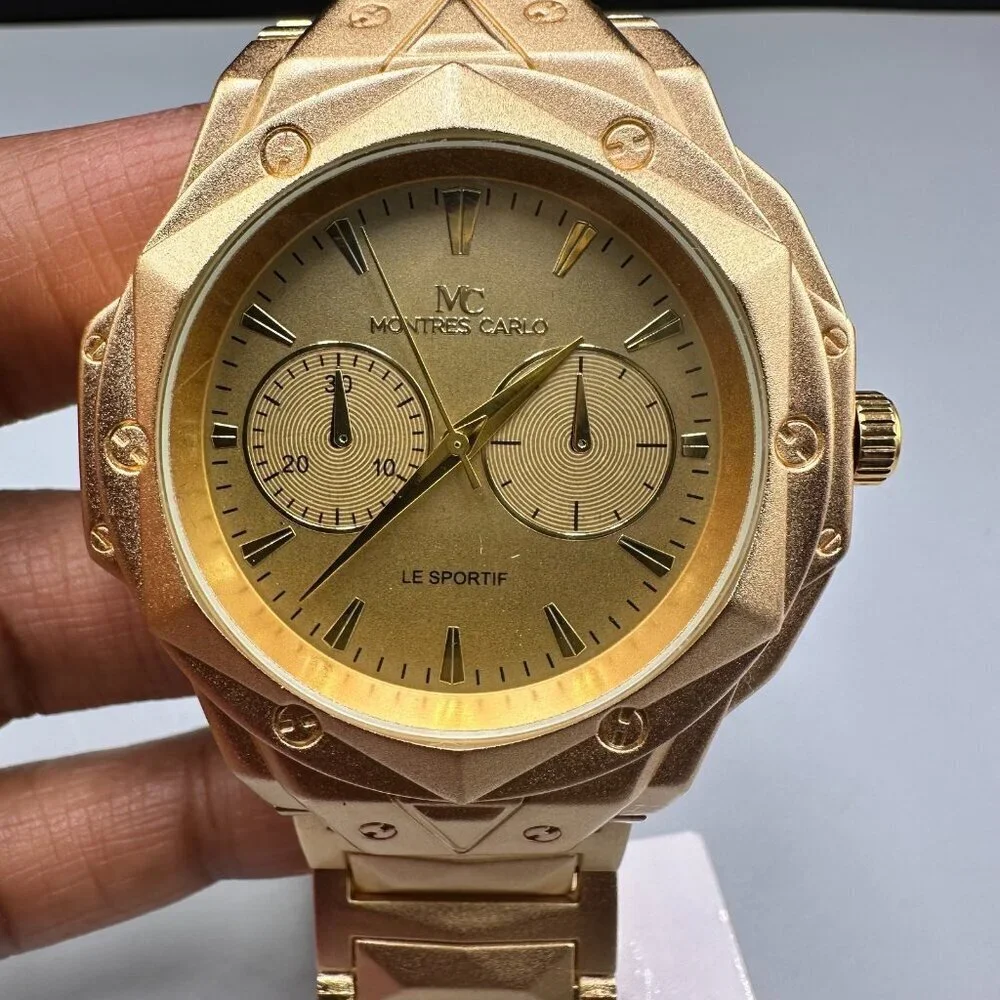 Montres Carlo Watch Men Gold Tone Round Dial 48MM New Battery 8.5 New With Tags